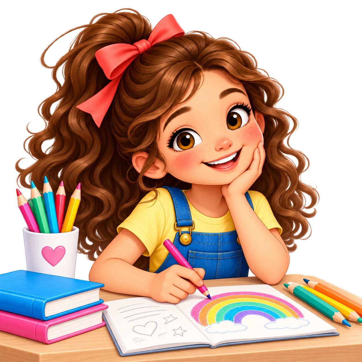 Estudiante dibujando un arcoíris, rodeada de libros y lápices de colores